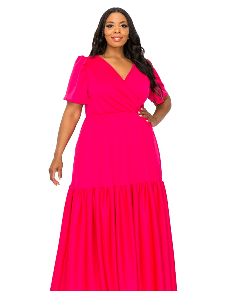 Front of a model wearing a size 1X Joli Surplice Neck Dress in Fuchsia by L I V D. | dia_product_style_image_id:284734